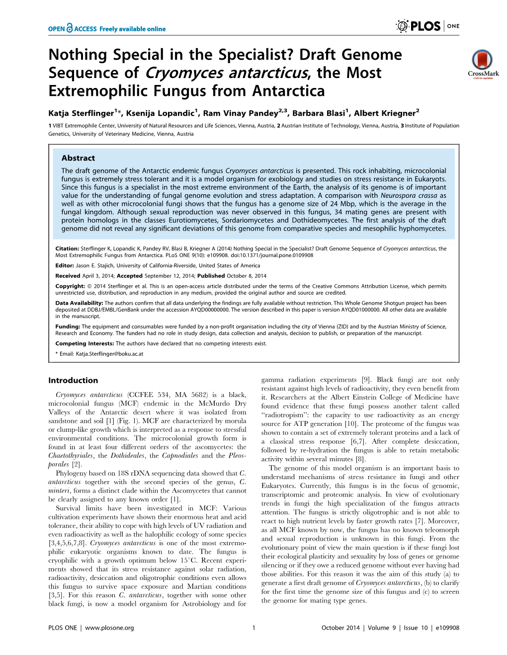 Sequence of Cryomyces Antarcticus, the Most Extremophilic Fungus from Antarctica