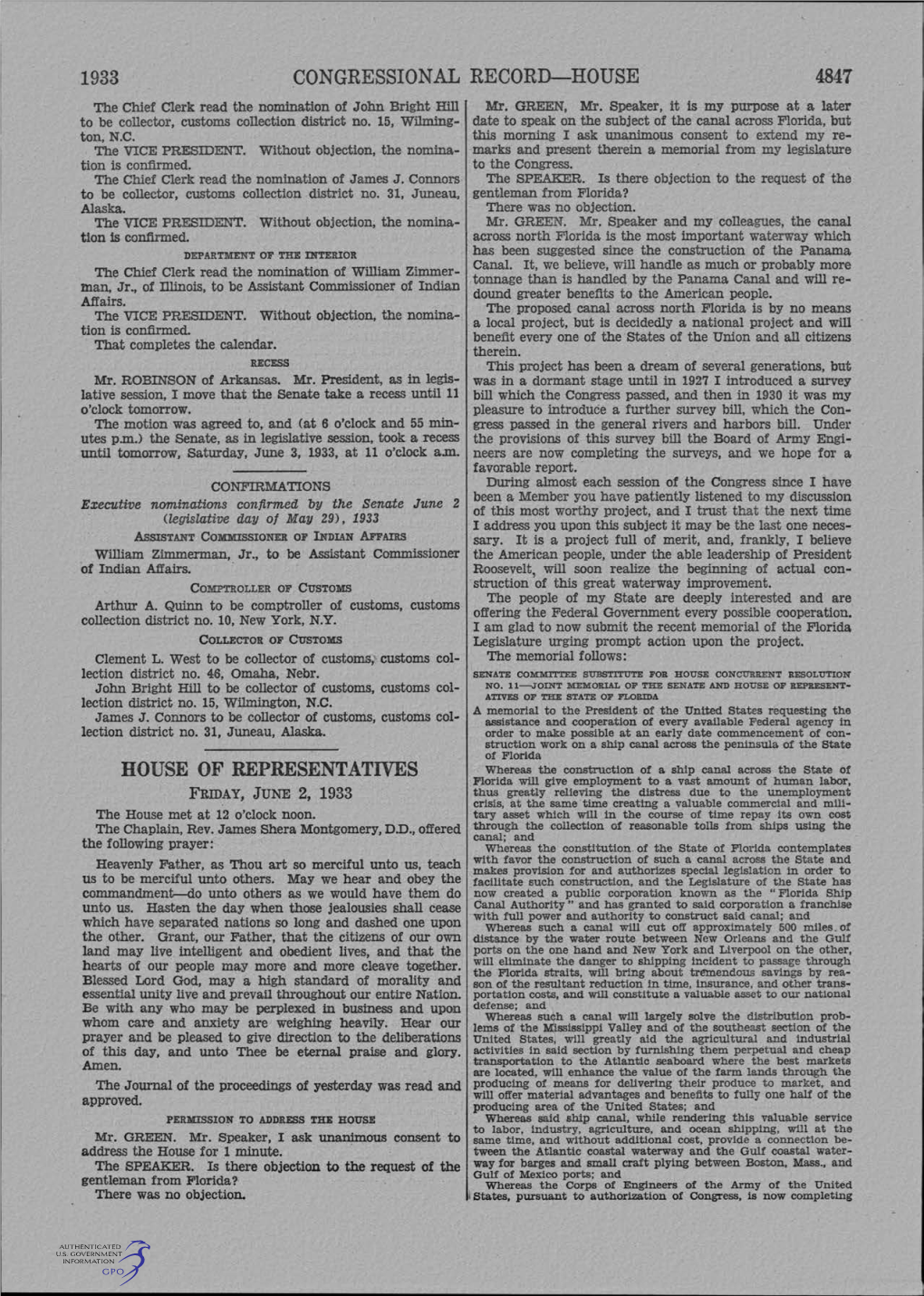 CONGRESSIONAL RECORD-HOUSE 4847 the Chief Clerk Read the Nomination of John Bright Hill Mr