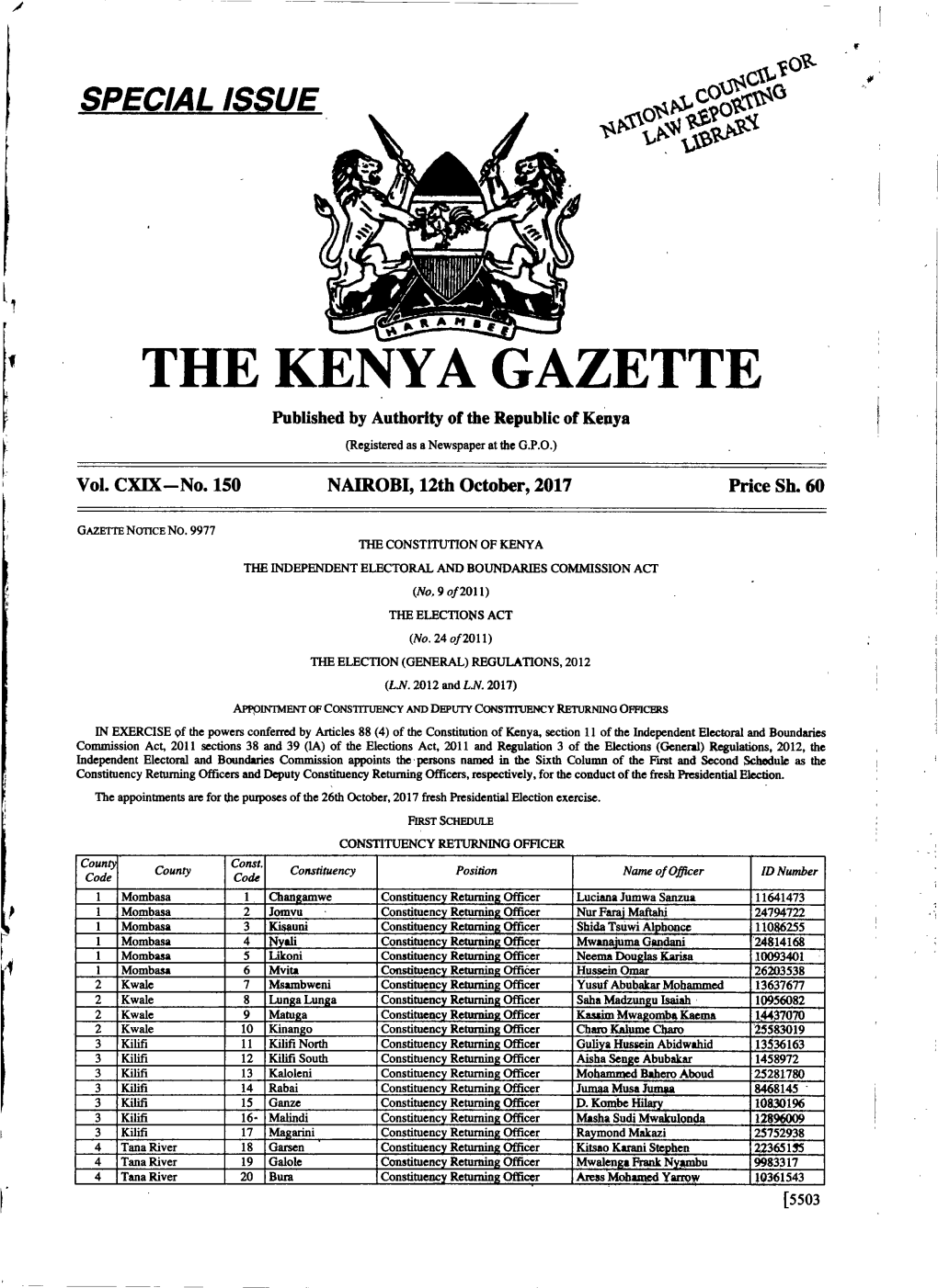 Kenya Gazette Notice 9977 Vol. CXIX Dated October 12, 2017