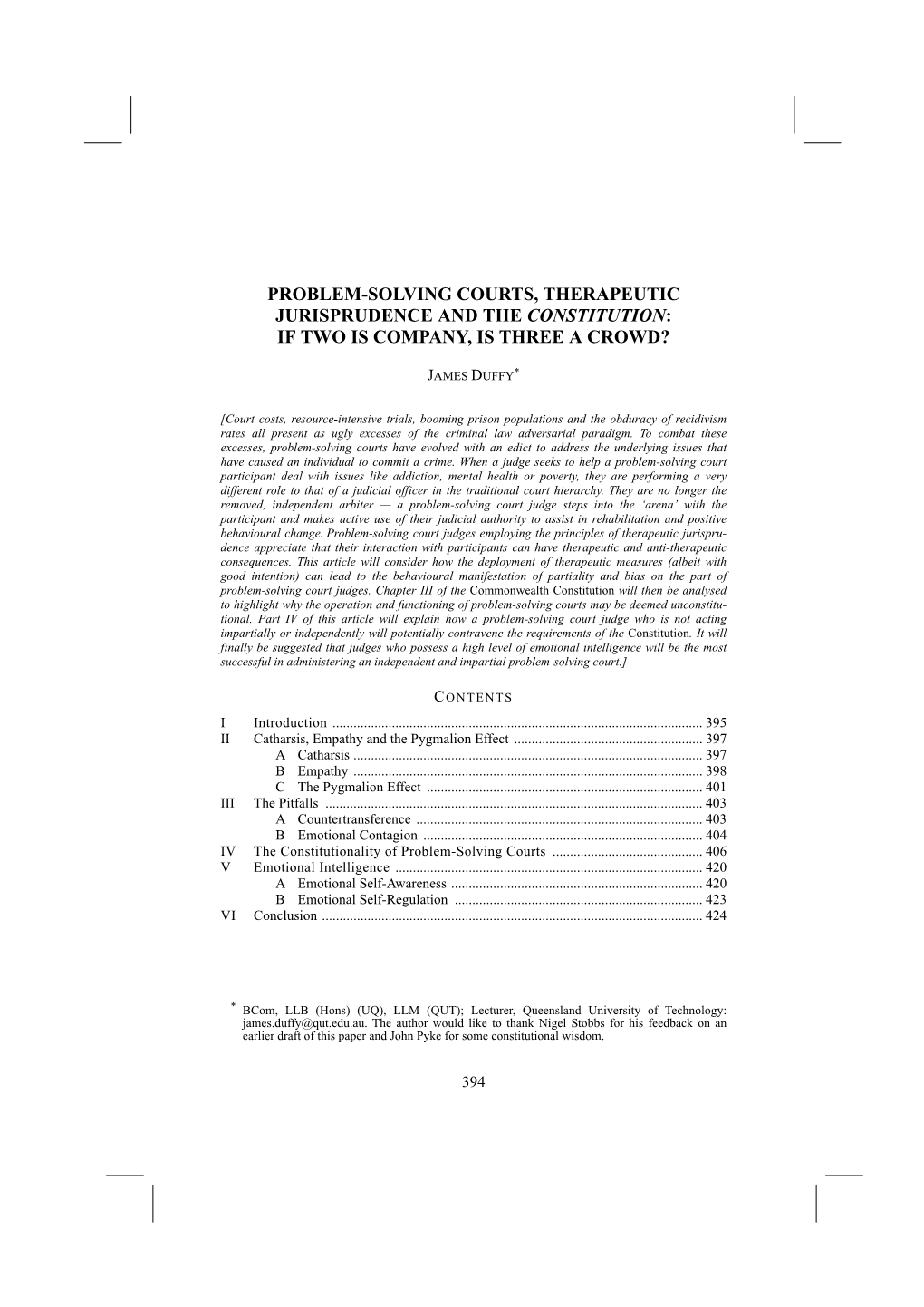 Problem-Solving Courts, Therapeutic Jurisprudence and the Constitution: If Two Is Company, Is Three a Crowd?