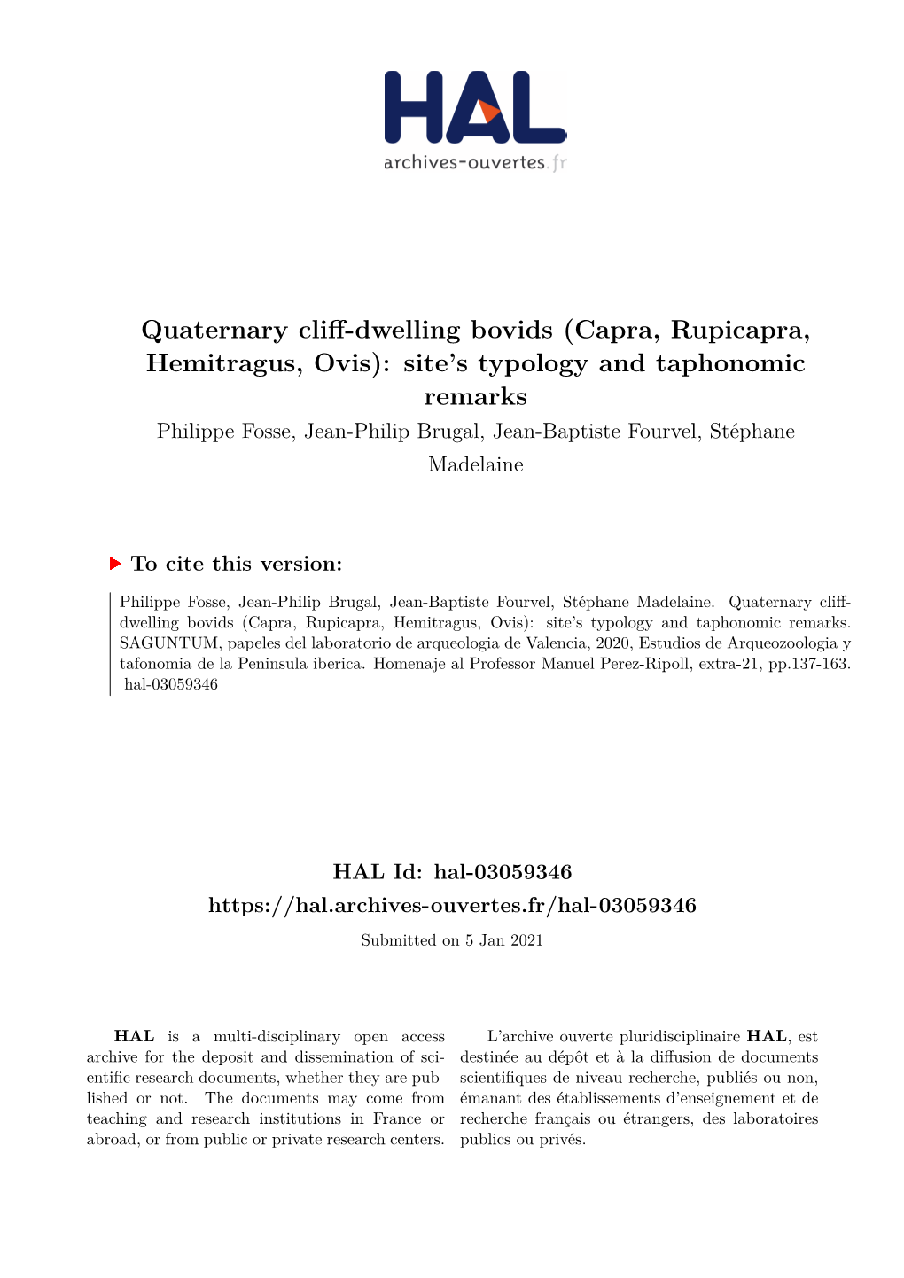 Quaternary Cliff-Dwelling Bovids (Capra, Rupicapra, Hemitragus