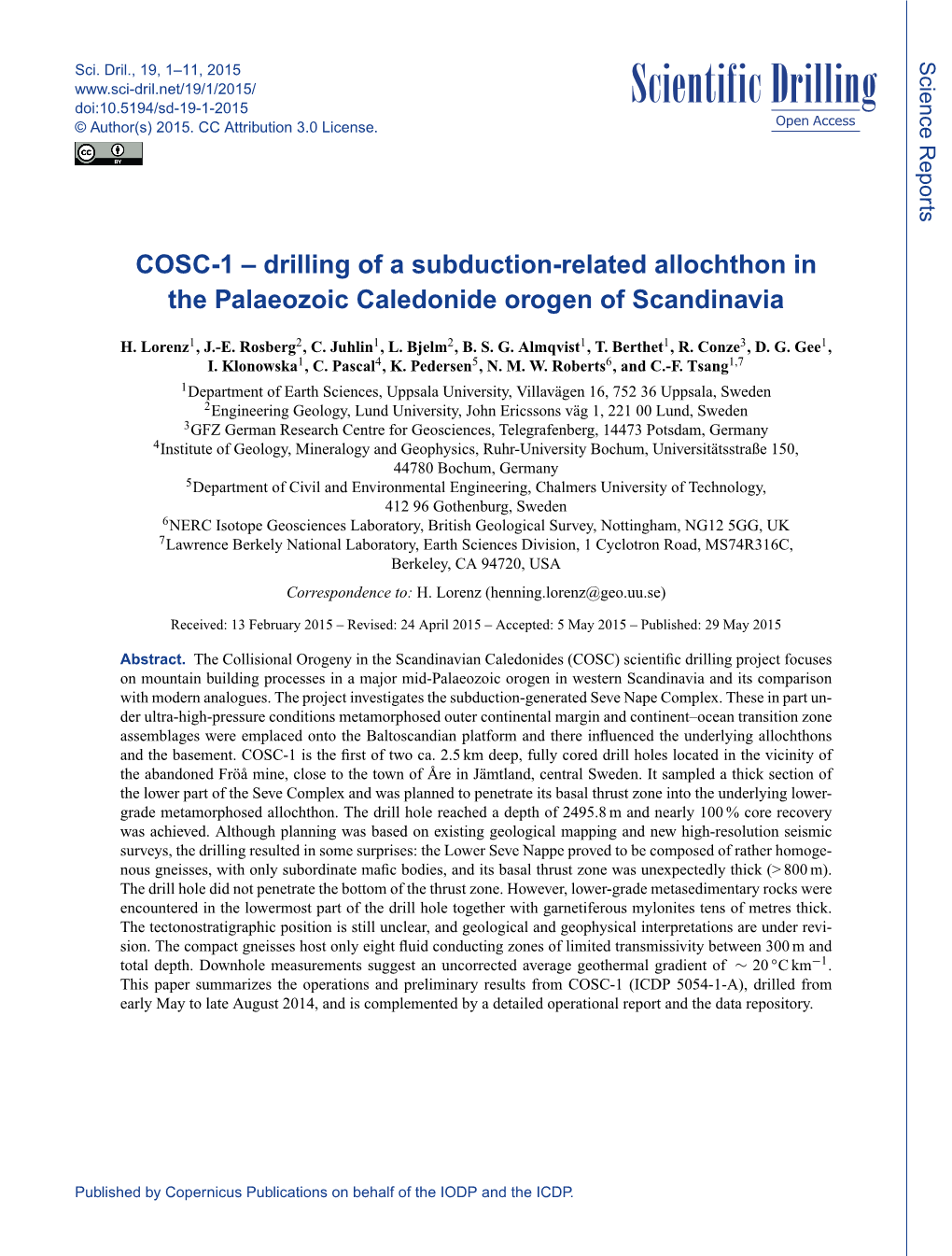 COSC-1 – Drilling of a Subduction-Related Allochthon in the Palaeozoic Caledonide Orogen of Scandinavia