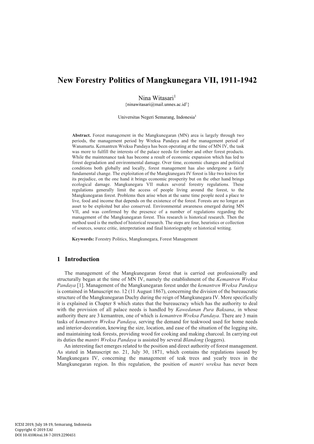 New Forestry Politics of Mangkunegara VII, 1911-1942