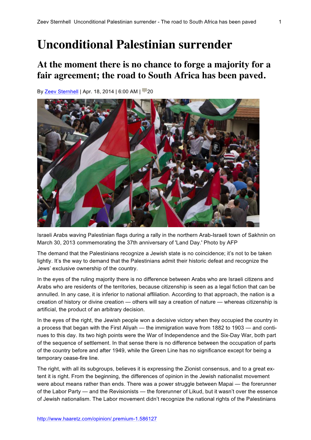 Zeev Sternhell Unconditional Palestinian Surrender - the Road to South Africa Has Been Paved 1