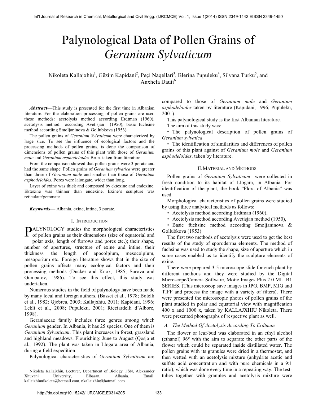 Palynological Data of Pollen Grains of Geranium Sylvaticum