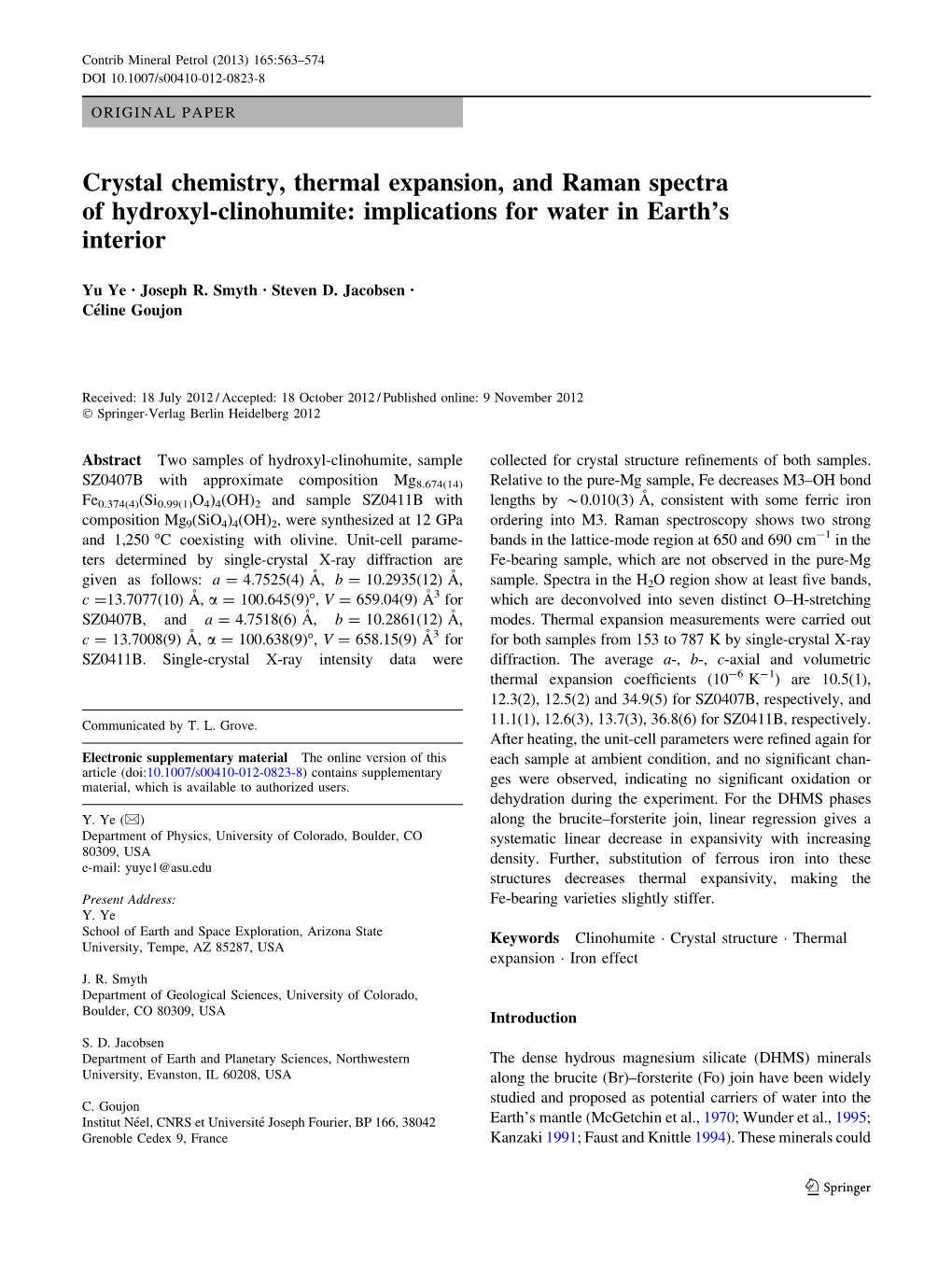 Crystal Chemistry, Thermal Expansion, and Raman Spectra of Hydroxyl-Clinohumite: Implications for Water in Earth’S Interior