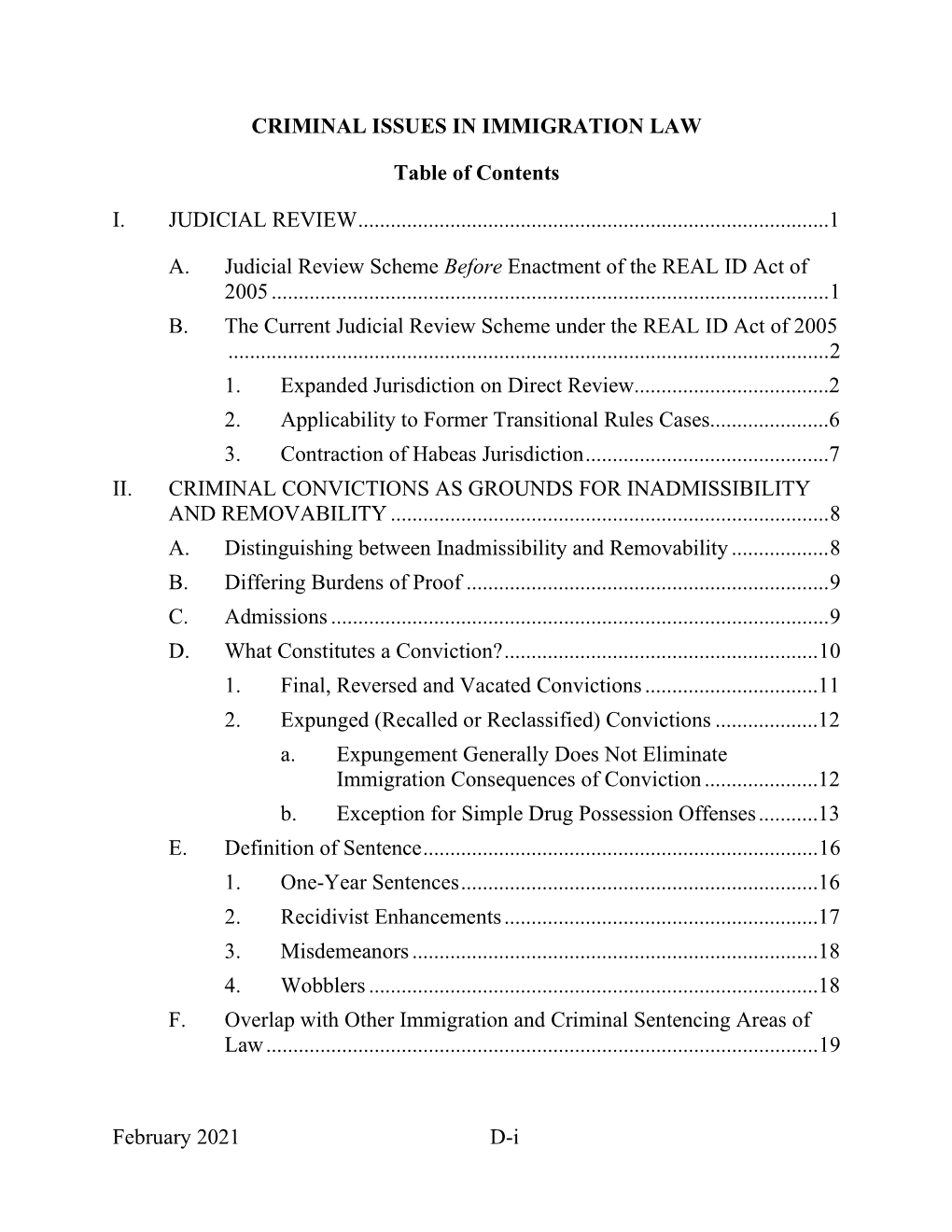 February 2021 Di CRIMINAL ISSUES in IMMIGRATION LAW Table Of