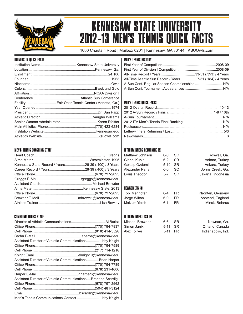 Kennesaw State University 2012-13 Men's Tennis Quick
