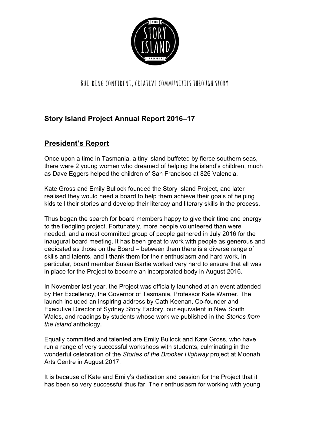 Story Island Project Annual Report 2016–17 President's Report