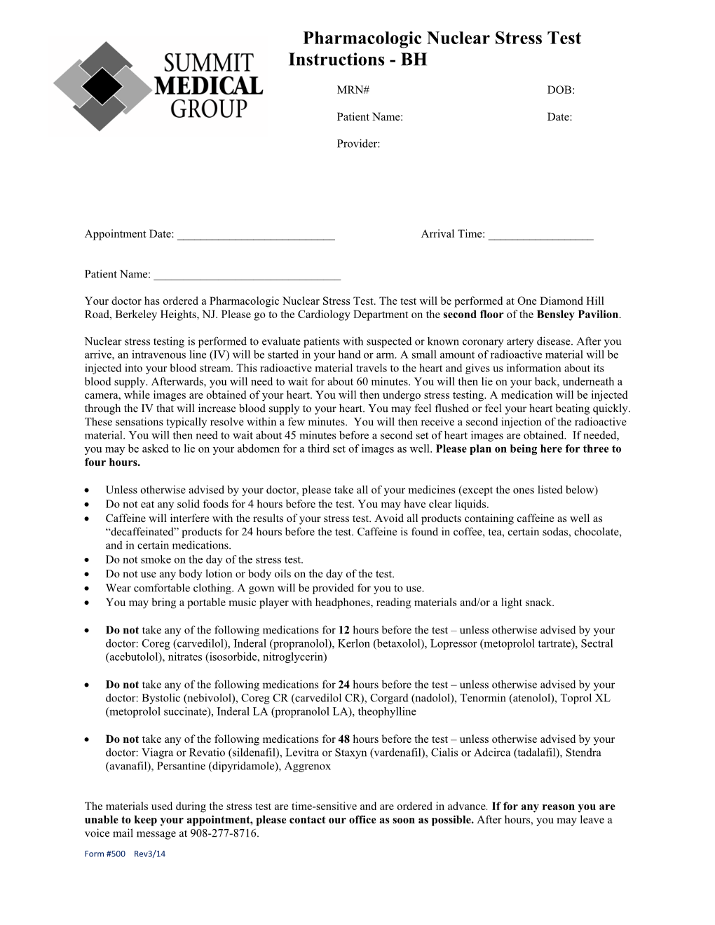 Pharmacologic Nuclear Stress Test Instructions - BH MRN #: MRN# DOB