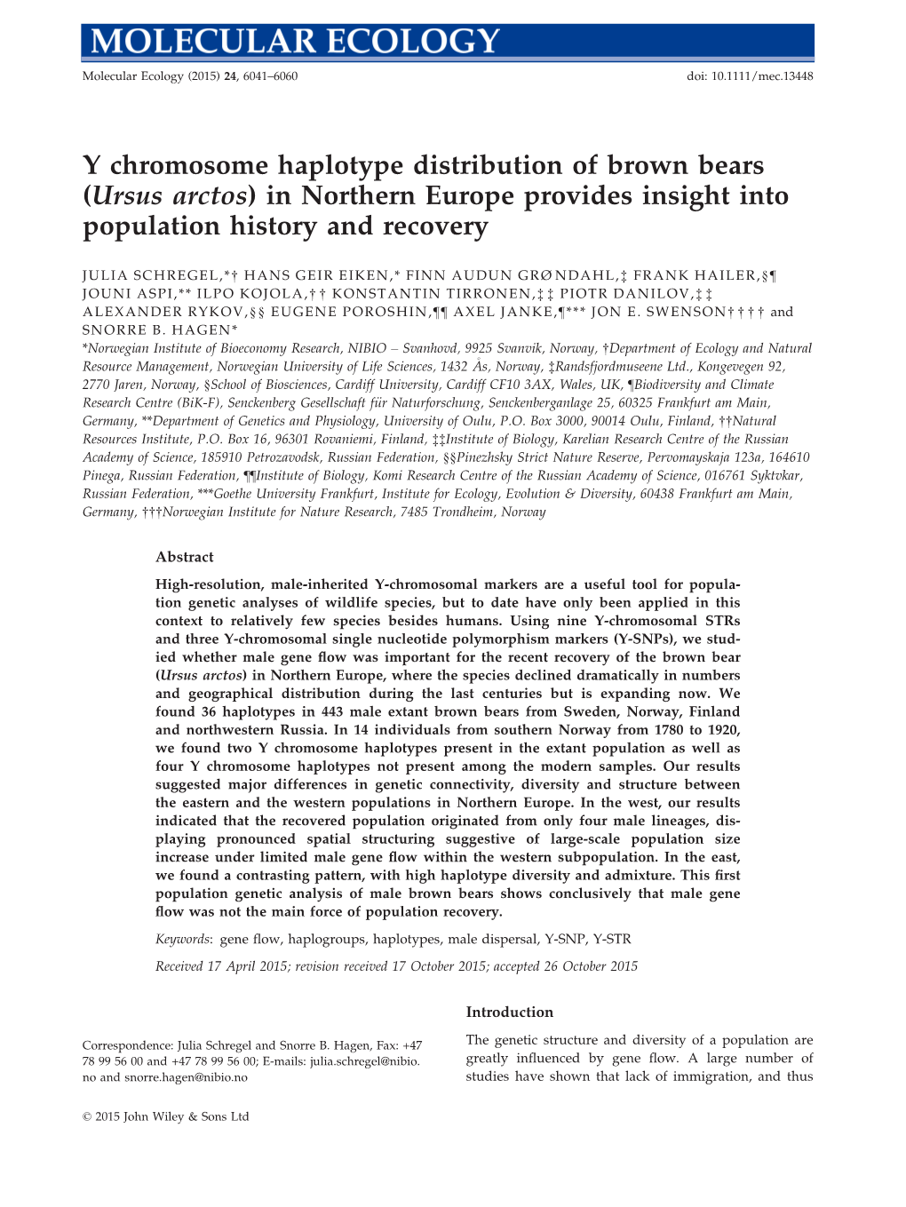 Y Chromosome Haplotype Distribution of Brown Bears (Ursus Arctos) in Northern Europe Provides Insight Into Population History and Recovery