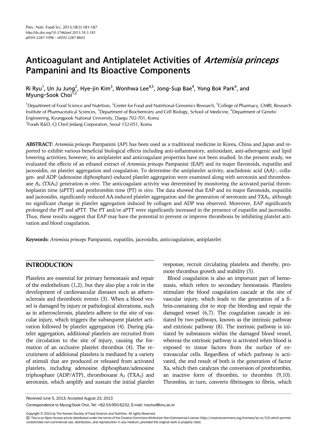 Anticoagulant and Antiplatelet Activities of Artemisia Princeps Pampanini and Its Bioactive Components