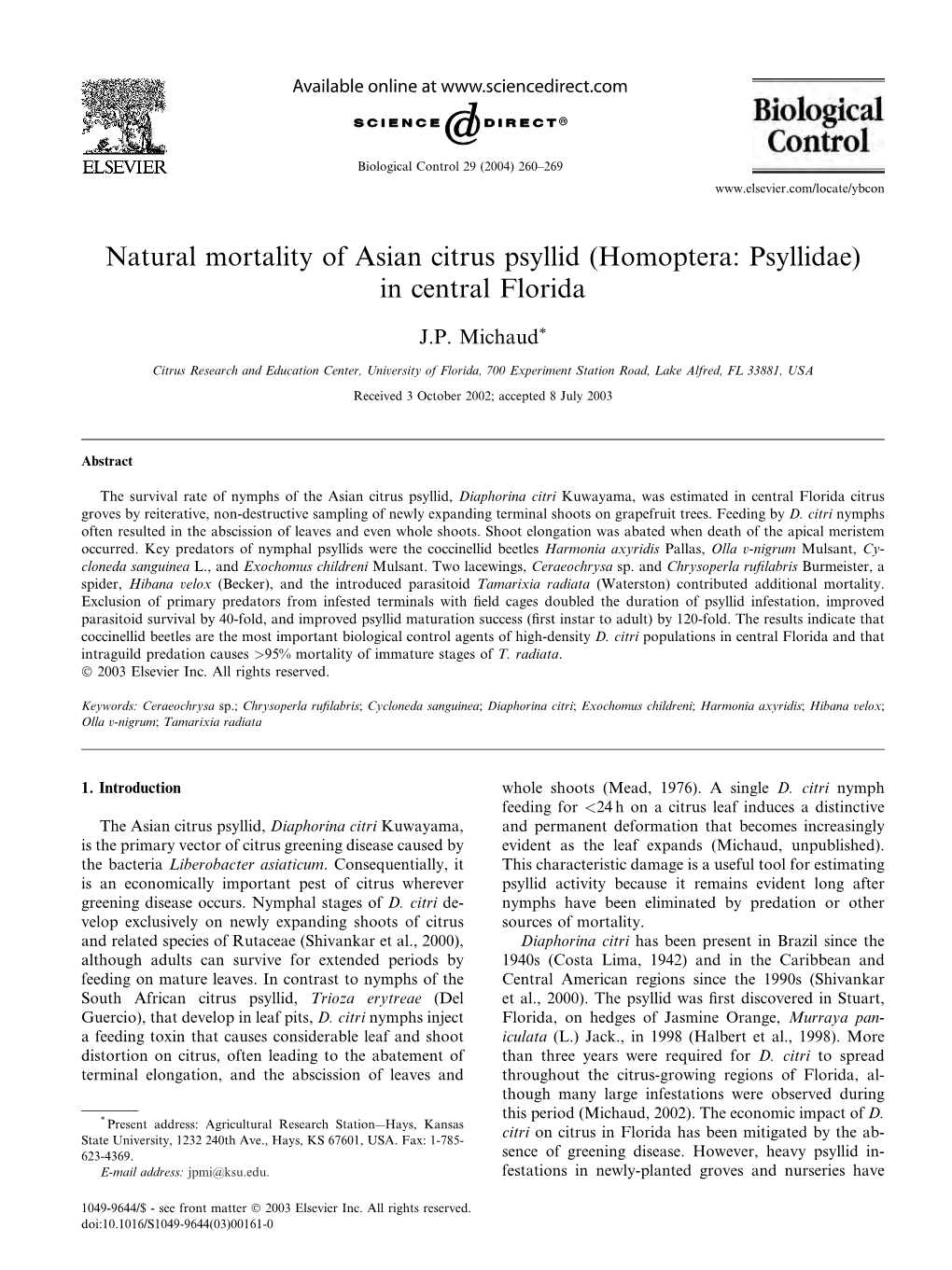 Natural Mortality of Asian Citrus Psyllid (Homoptera: Psyllidae) in Central Florida