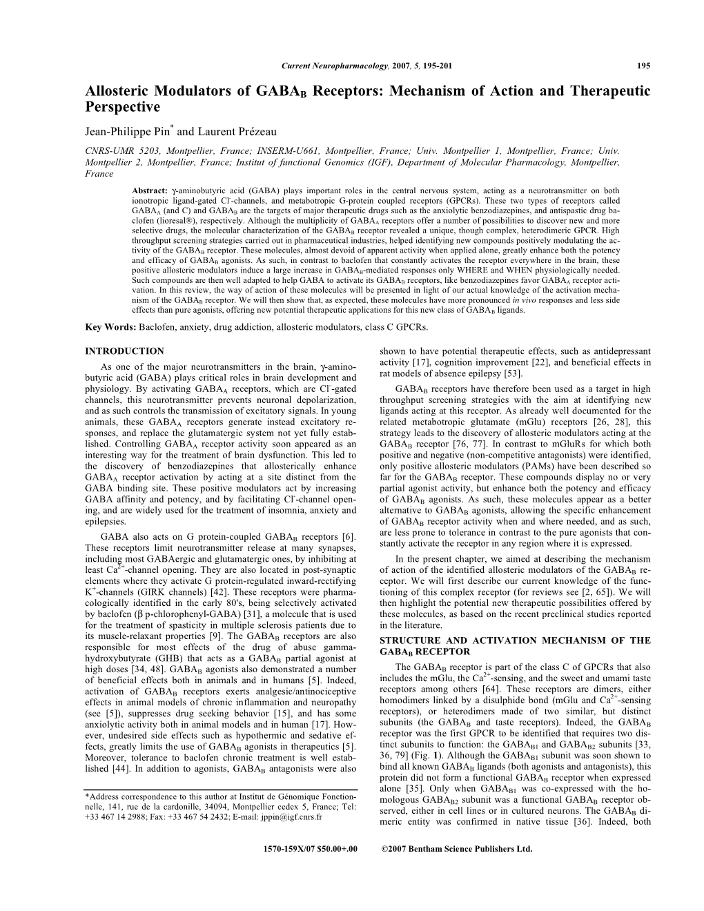 Allosteric Modulators of GABAB Receptors