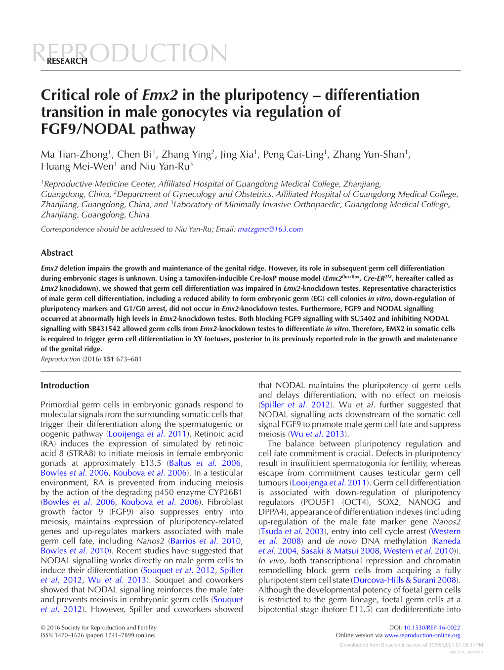 Critical Role of Emx2 in the Pluripotency – Differentiation Transition in Male Gonocytes Via Regulation of FGF9/NODAL Pathway