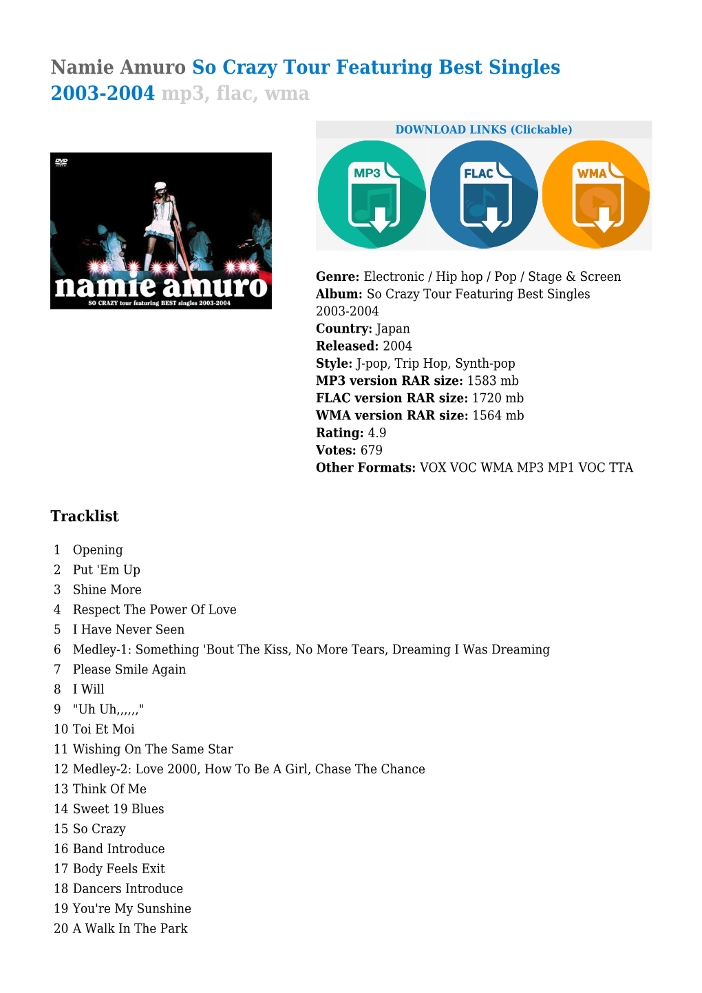 Namie Amuro So Crazy Tour Featuring Best Singles 2003-2004 Mp3, Flac, Wma