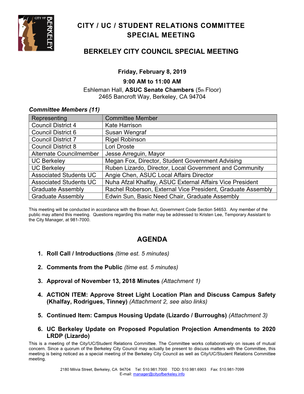 City / Uc / Student Relations Committee Special Meeting
