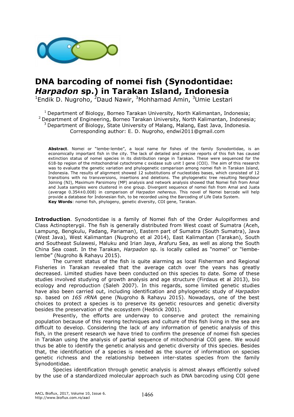 DNA Barcoding of Nomei Fish (Synodontidae: Harpadon Sp.) in Tarakan Island, Indonesia 1Endik D