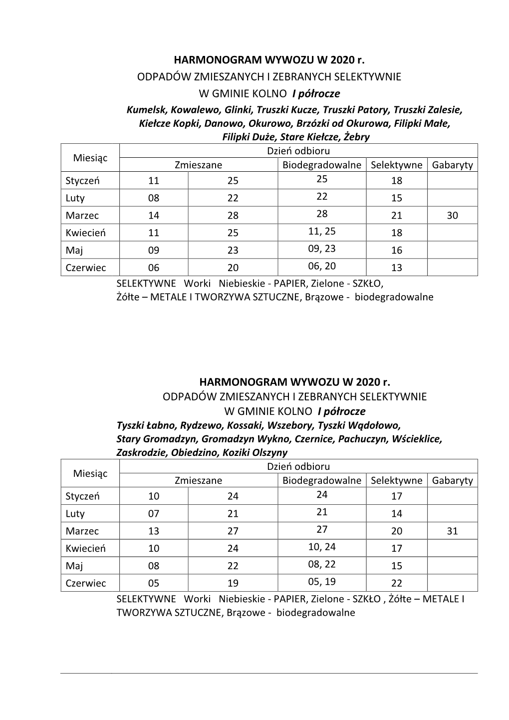 HARMONOGRAM WYWOZU W 2020 R. ODPADÓW ZMIESZANYCH I ZEBRANYCH SELEKTYWNIE W GMINIE KOLNO I Półrocze HARMONOGRAM WYWOZU W 2020