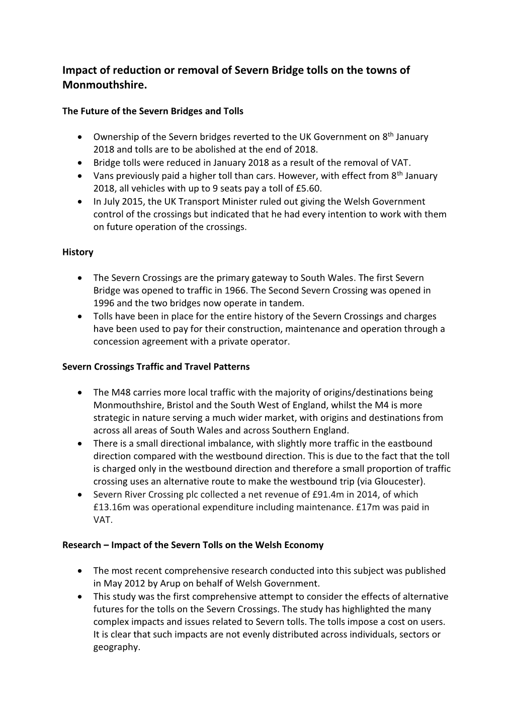 Impact of Reduction Or Removal of Severn Bridge Tolls on the Towns of Monmouthshire