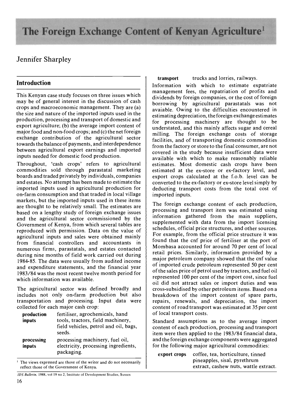 The Foreign Exchange Content of Kenyan Agriculture