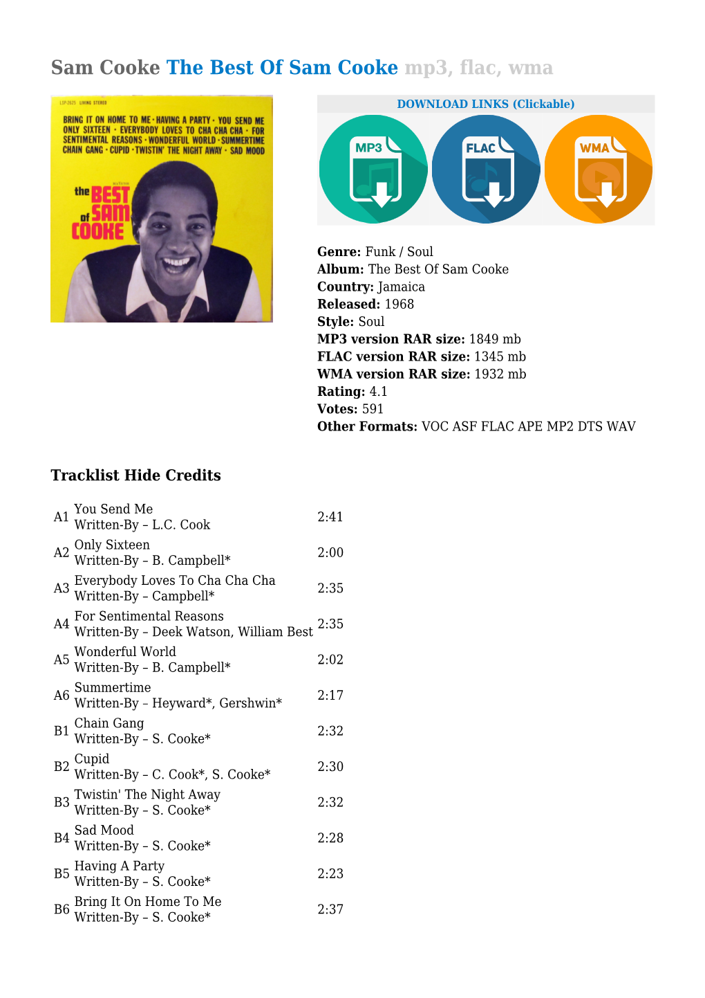 Sam Cooke the Best of Sam Cooke Mp3, Flac, Wma