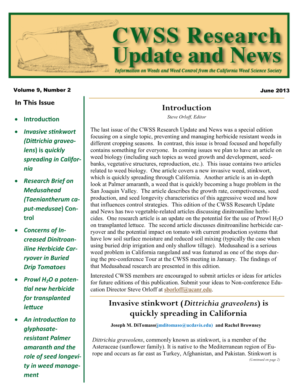 Dittrichia Graveolens) Is Quickly Spreading in California  an Introduction to Joseph M