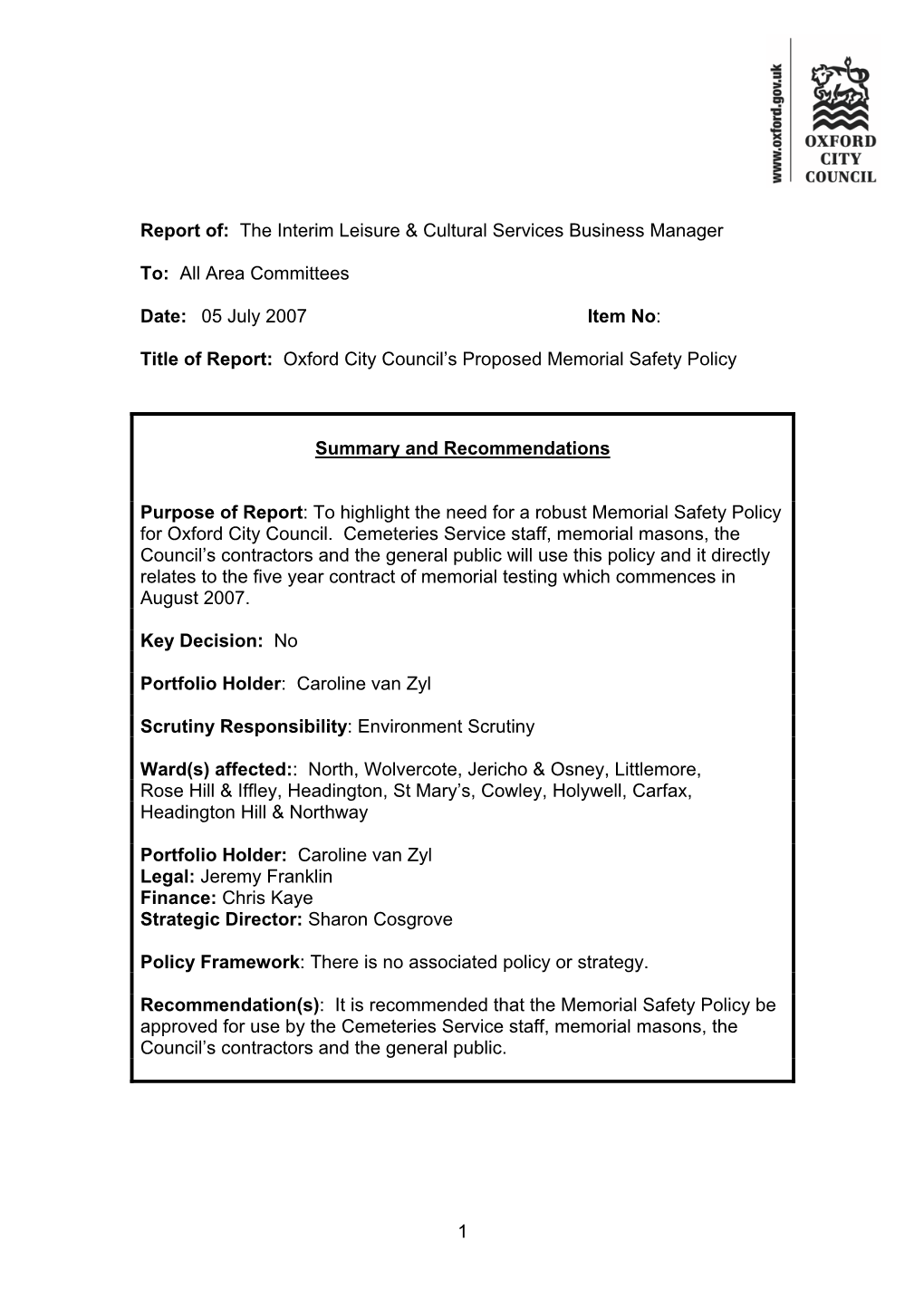 Area Committees Date: 05 July 2007 Item No