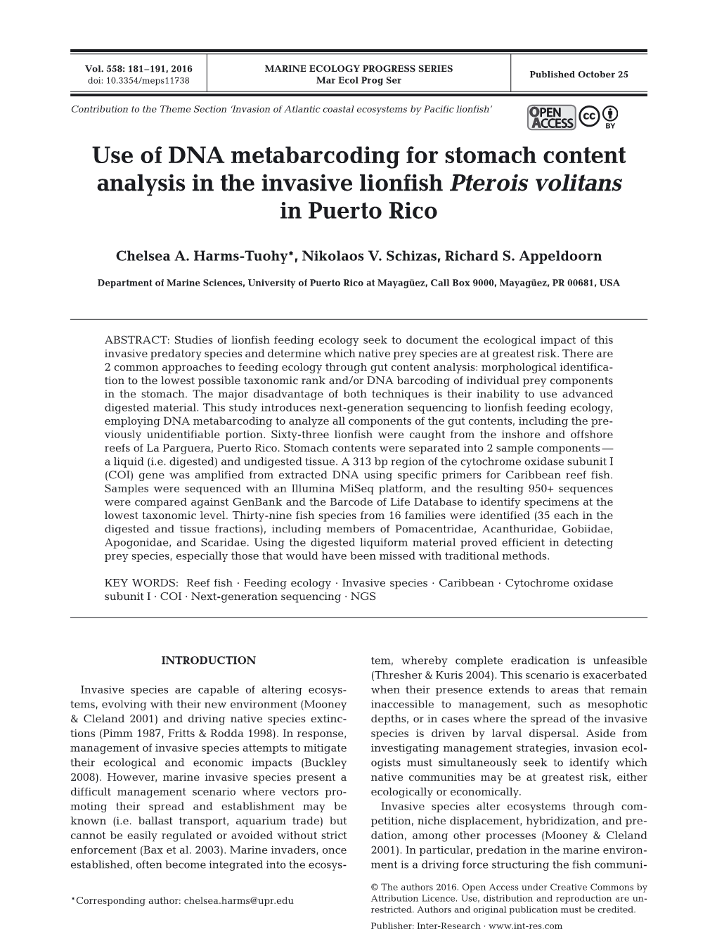 Use of DNA Metabarcoding for Stomach Content Analysis in the Invasive Lionfish Pterois Volitans in Puerto Rico