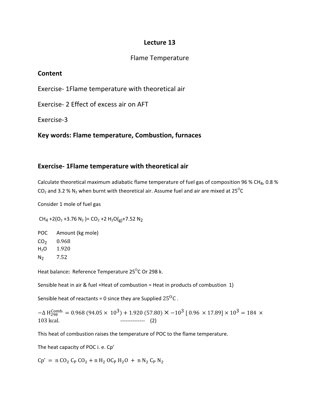 1Flame Temperature with Theoretical Air Exercise- 2 Effect of Excess Air