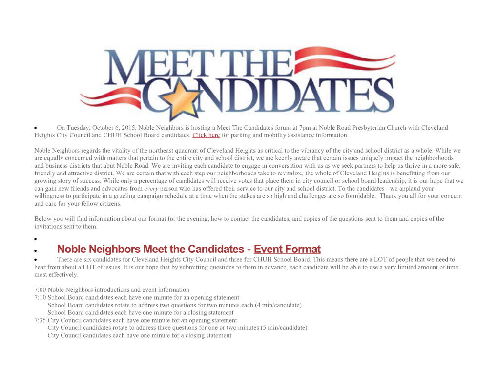 Noble Neighbors Meet the Candidates -Event Format