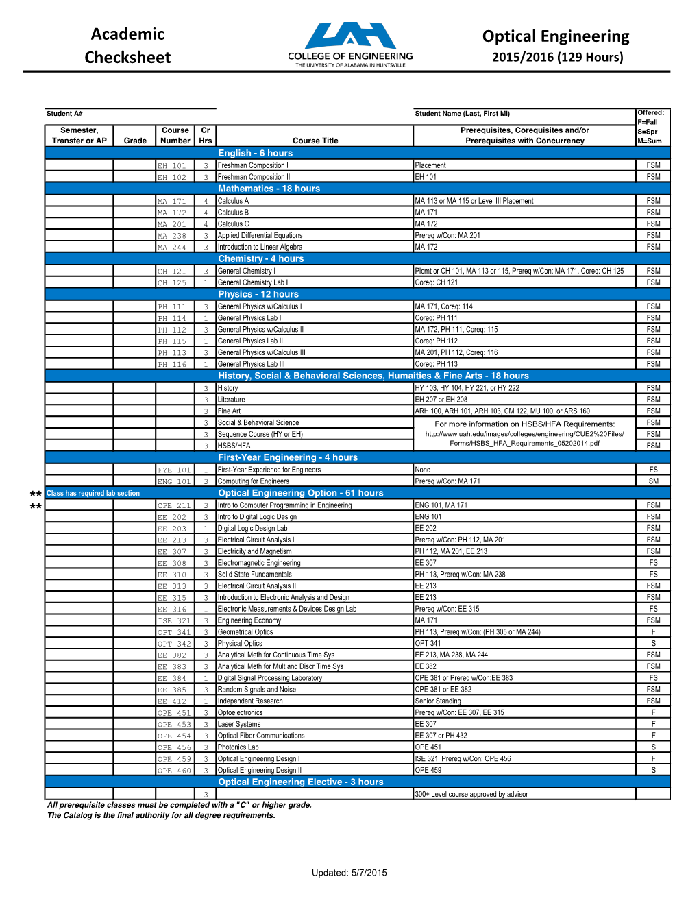 Academic Checksheet Optical Engineering