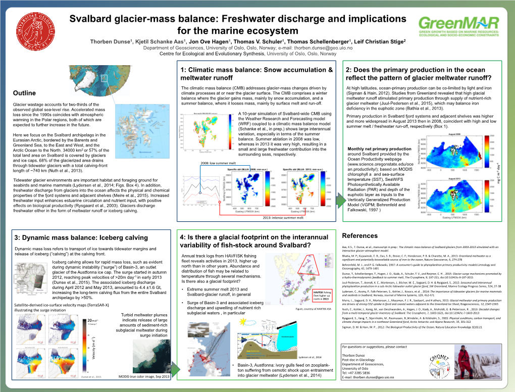 Svalbard Glacier-Mass Balance: Freshwater Discharge and Implications for the Marine Ecosystem