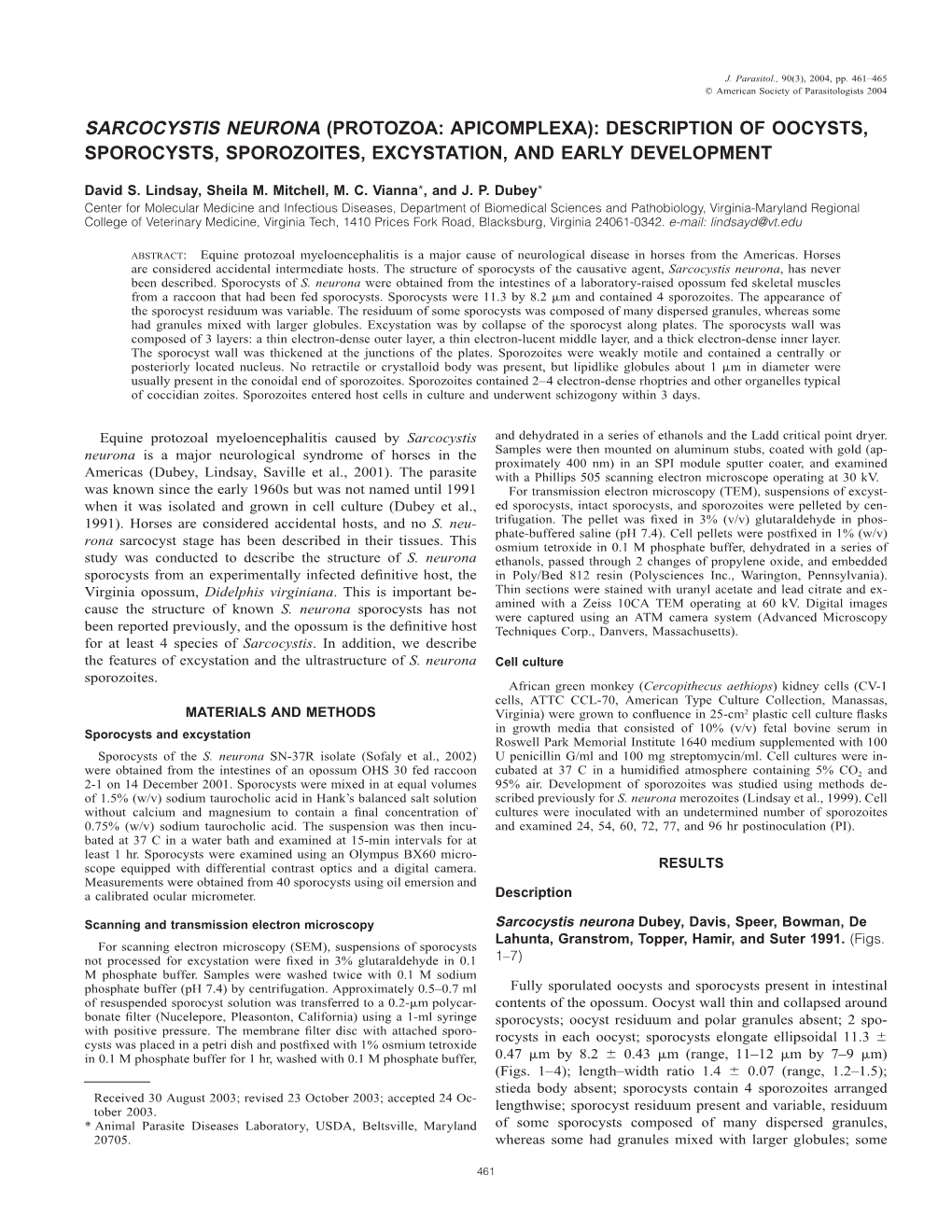 Sarcocystis Neurona (Protozoa: Apicomplexa): Description of Oocysts, Sporocysts, Sporozoites, Excystation, and Early Development