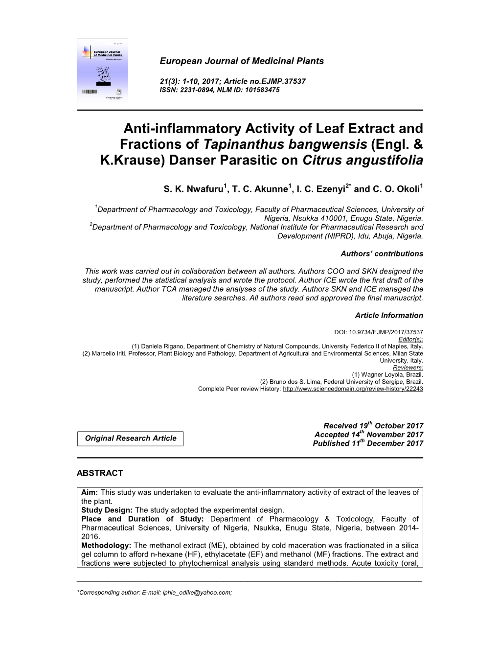 Anti-Inflammatory Activity of Leaf Extract and Fractions of Tapinanthus Bangwensis (Engl