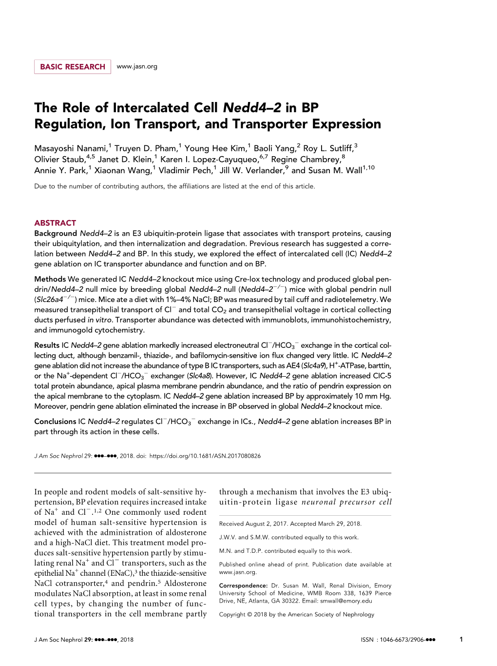 The Role of Intercalated Cell Nedd4–2 in BP Regulation, Ion Transport, and Transporter Expression