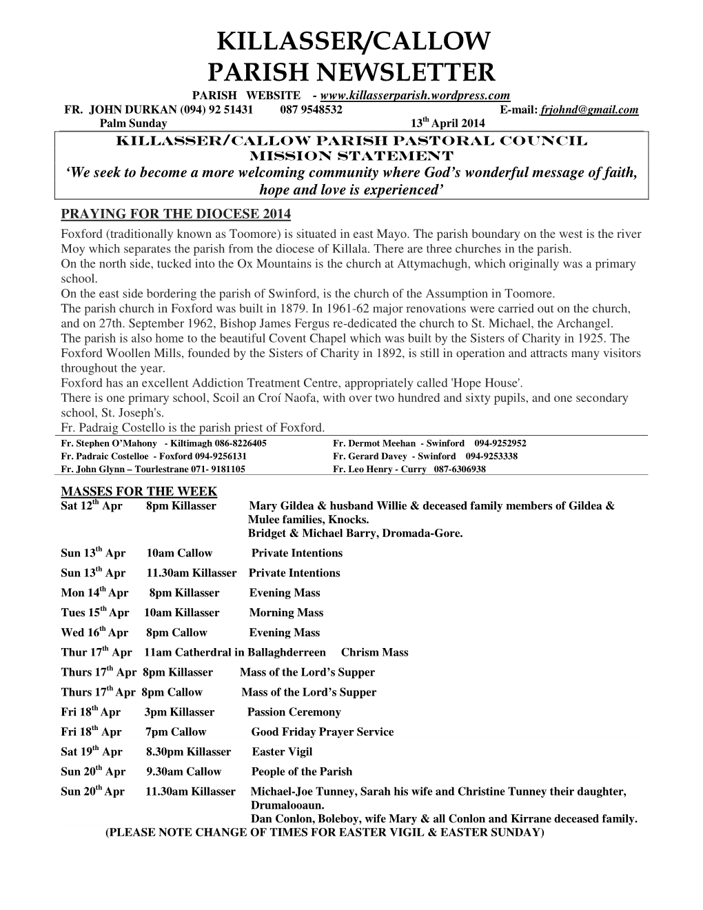 Killasser/Callow Parish Newsletter Parish Website - Fr