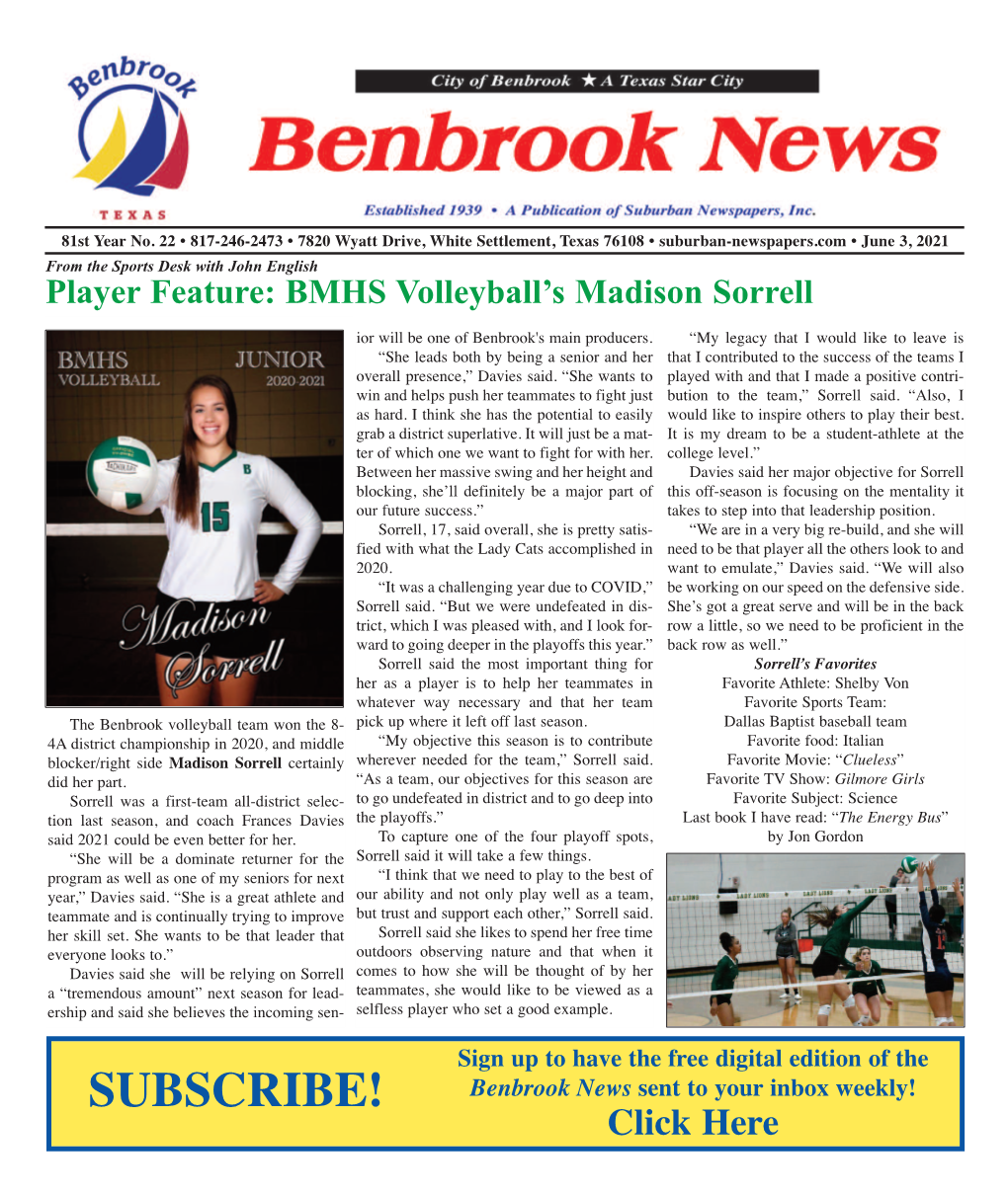 June 3, 2021 from the Sports Desk with John English Player Feature: BMHS Volleyball’S Madison Sorrell