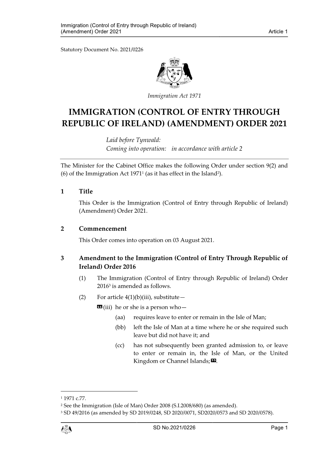 (Control of Entry Through Republic of Ireland) (Amendment) Order 2021 Article 1