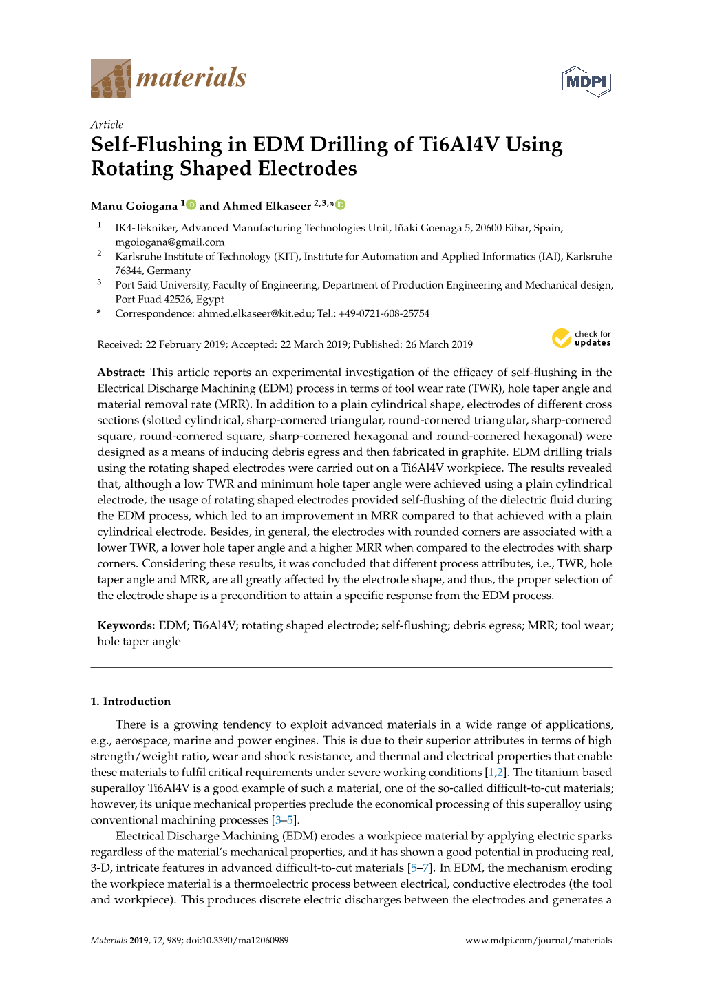 Self-Flushing in EDM Drilling of Ti6al4v Using Rotating Shaped Electrodes