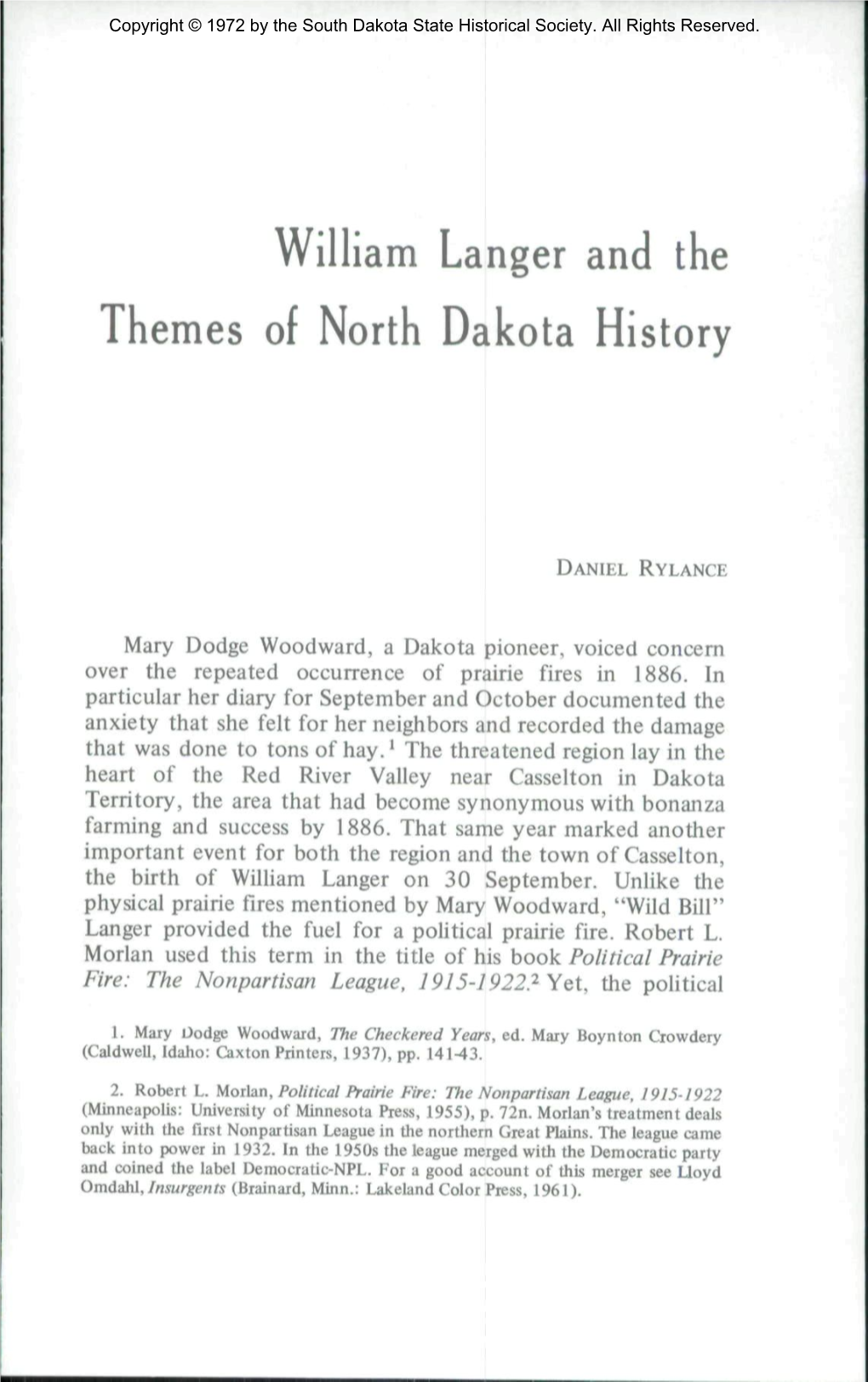 William Langer and the Themes of North Dakota History