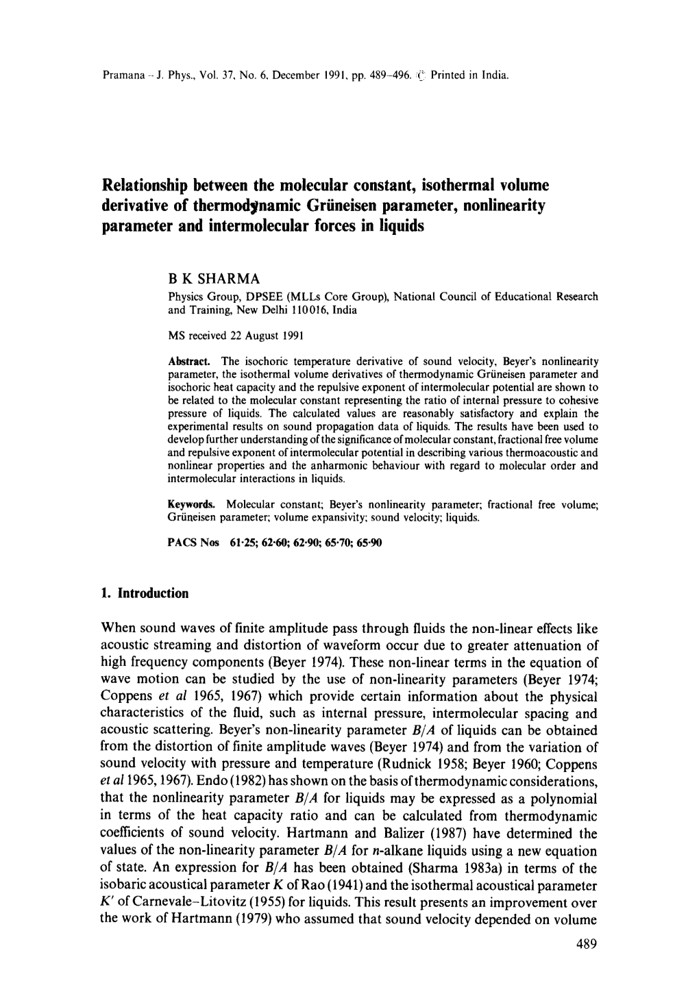 Relationship Between the Molecular Constant, Isothermal Volume