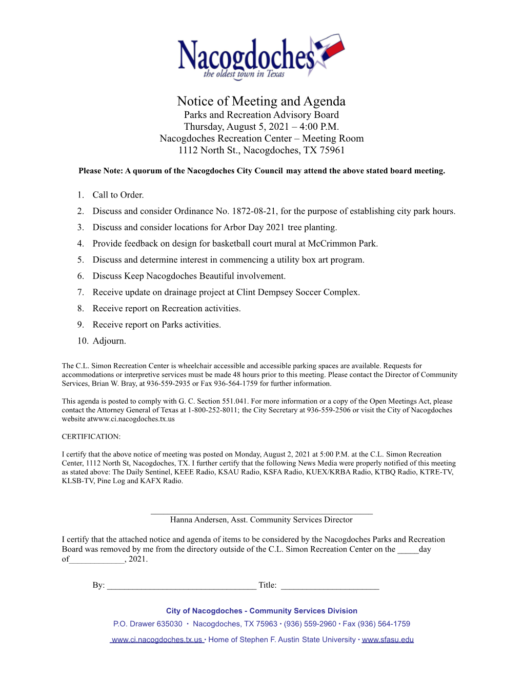 Parks & Recreation Advisory Board Agenda