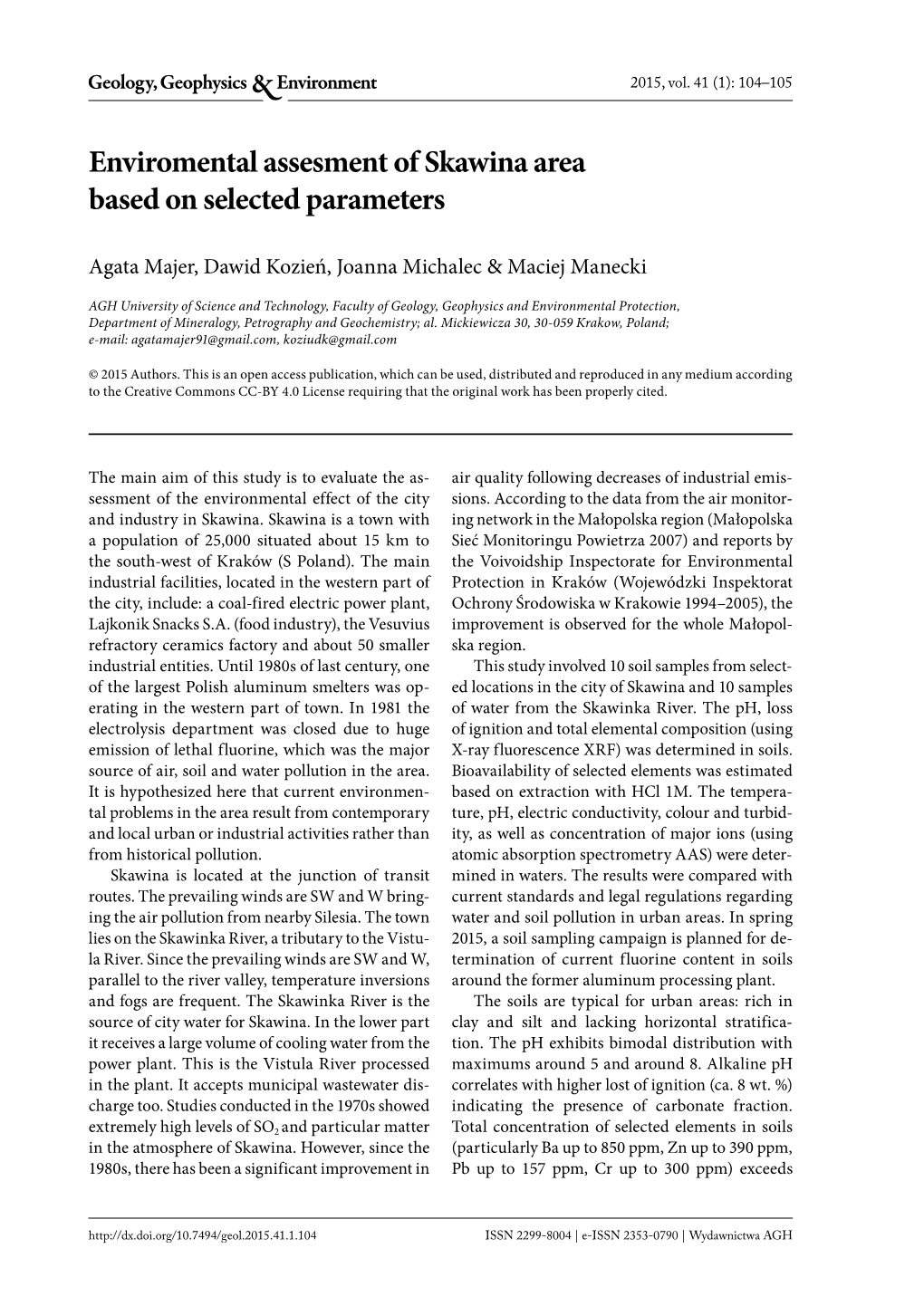 Enviromental Assesment of Skawina Area Based on Selected Parameters