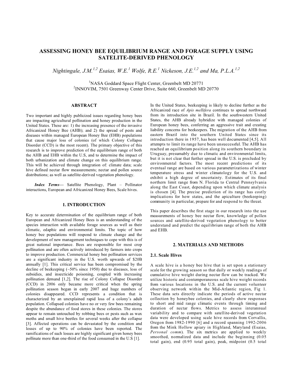 Assessing Honey Bee Equilibrium Range and Forage Supply Using Satelite-Derived Phenology