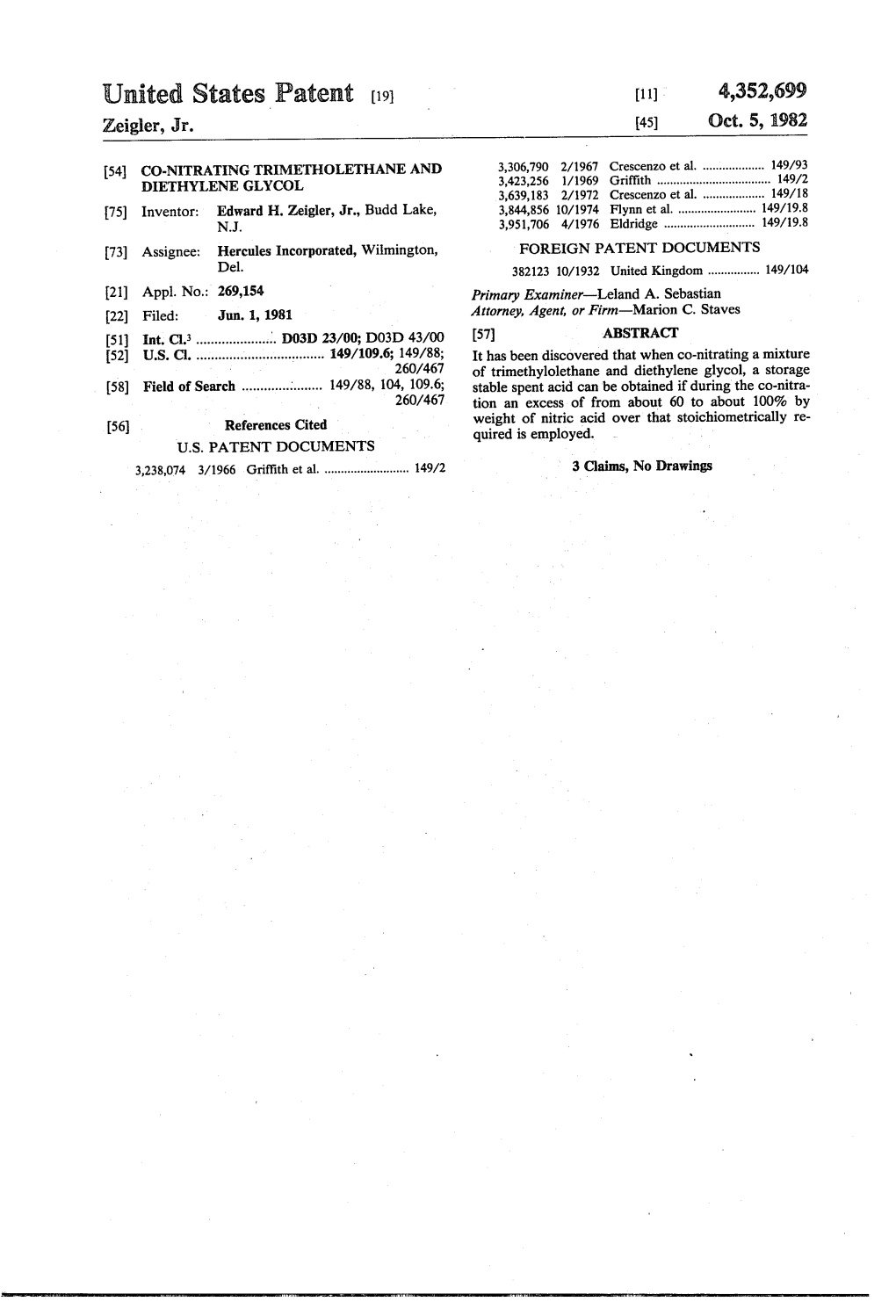 United States Patent (19) 11), 4,352,699 Zeigler, Jr