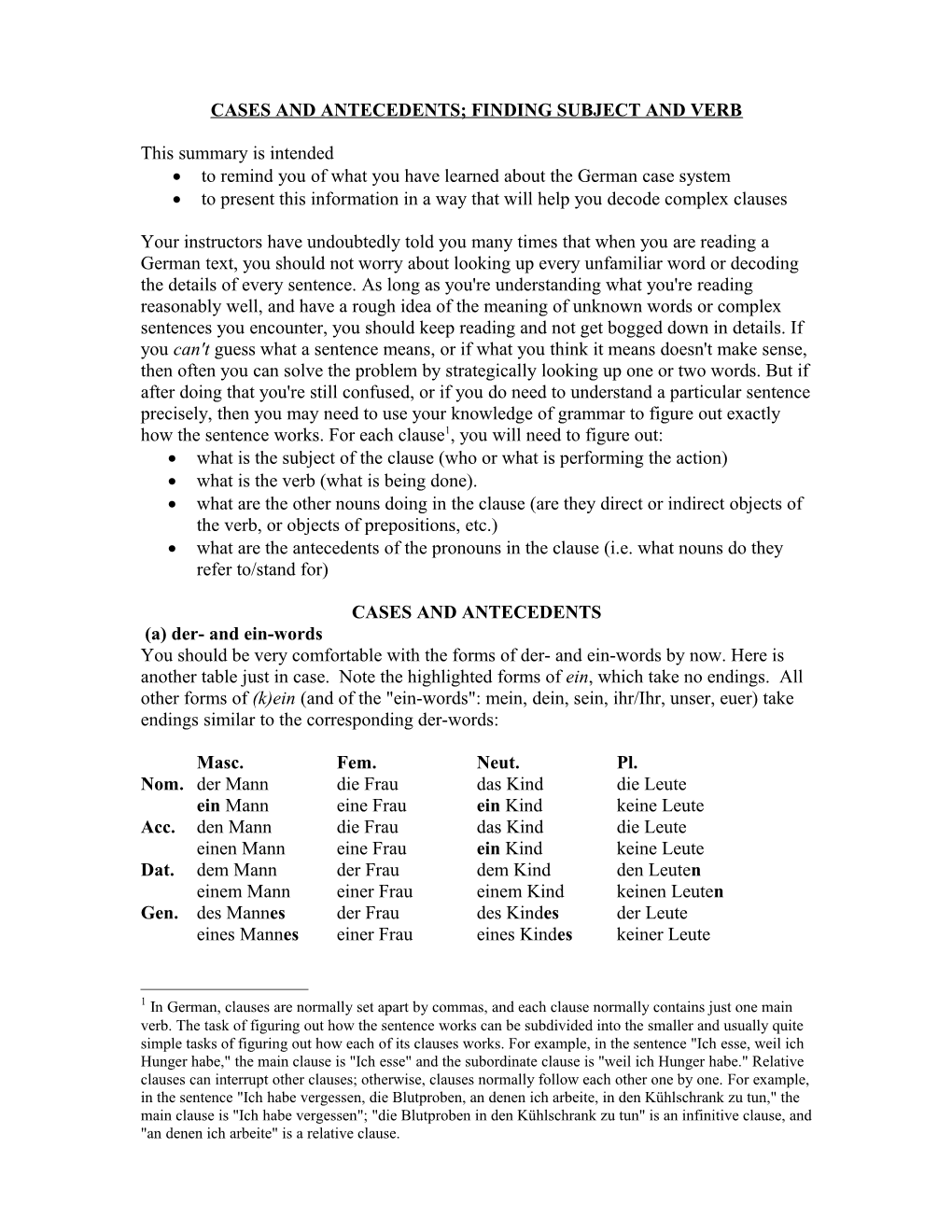 Cases And Antecedents; Finding Subject And Verb