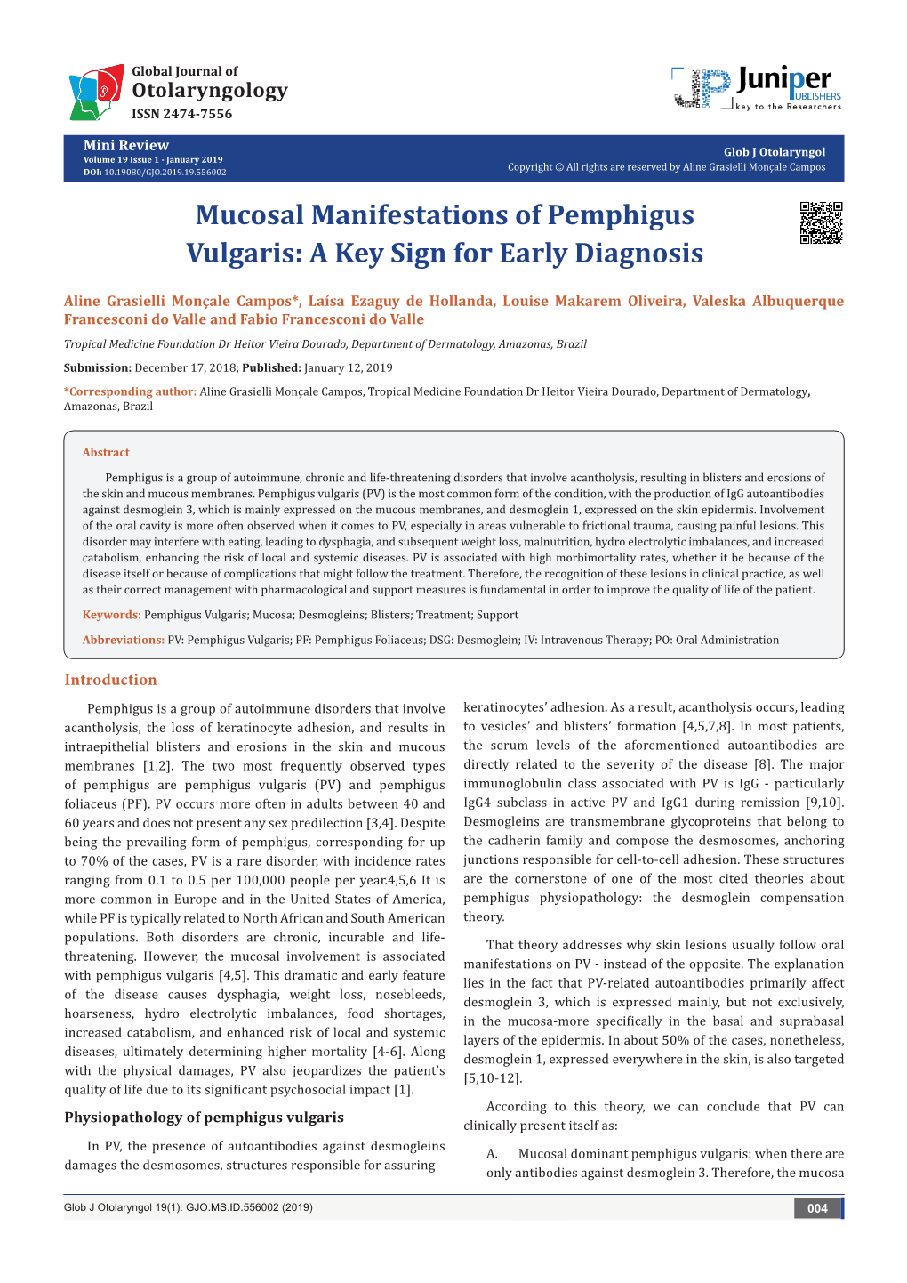 Mucosal Manifestations of Pemphigus Vulgaris: a Key Sign for Early Diagnosis