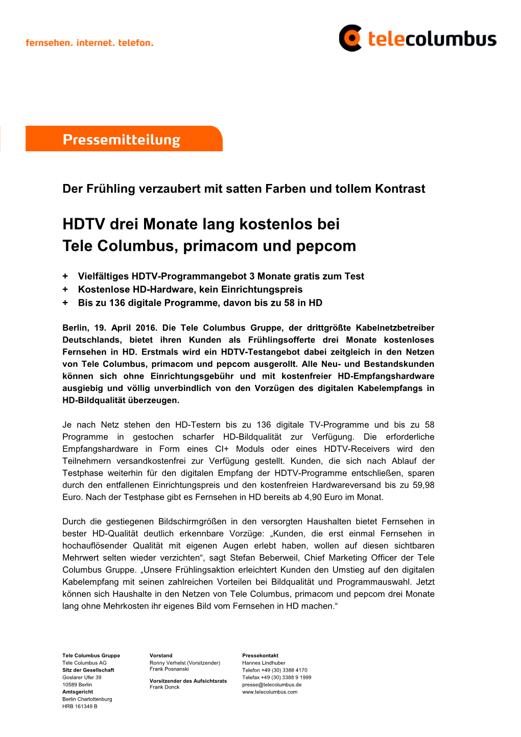 HDTV Drei Monate Lang Kostenlos Bei Tele Columbus, Primacom Und Pepcom