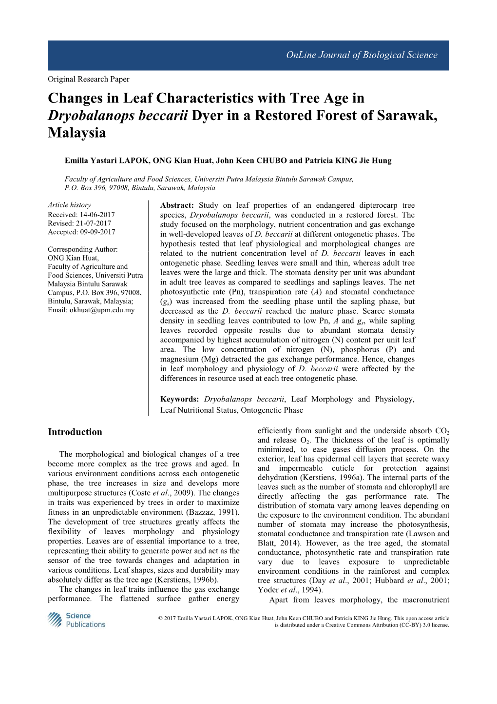 Changes in Leaf Characteristics with Tree Age in Dryobalanops Beccarii Dyer in a Restored Forest of Sarawak, Malaysia